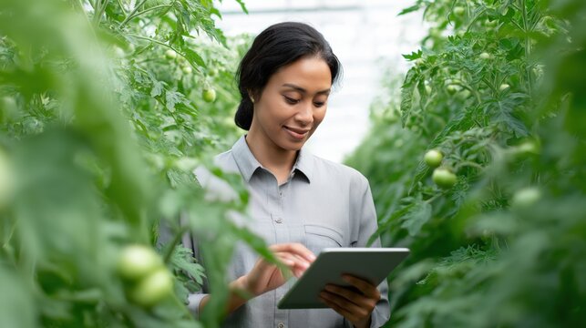 Diverse agritech expert holds a tablet displaying crop analytics among tomato plants, with sharp focus on UI and leaves in soft greenhouse light.

