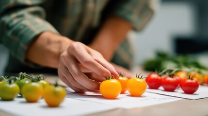 Photorealistic scene of a diverse agronomist analyzing multiple tomato types with labels on a table, under warm neutral lighting and clean educational styling.
