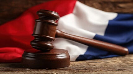 Wooden Judges Gavel Rests on a Wooden Surface in Front of the French Flag, Symbolizing Justice and Legal Authority in France