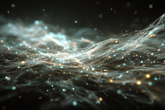 Glowing particle waves forming an abstract digital network. Futuristic energy flow, motion, data connections and smooth bokeh light streaks