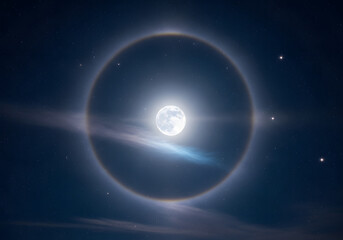 Obraz premium Full moon with halo and stars in dark night sky conceptual celestial image