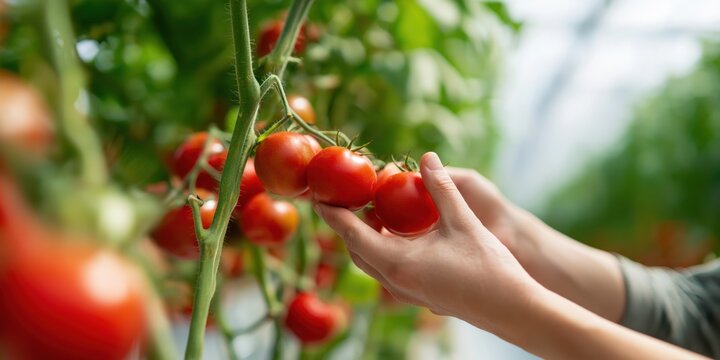 Photorealistic scene of a young diverse farm worker checking red tomatoes on tall vines, with sharp detail, vivid colors, and sustainable farming atmosphere.
- Powered by Adobe
