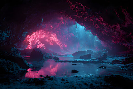 glowing hot pink lights reflecting inside a deep blue underwater cave creating a mysterious sci fi ambience