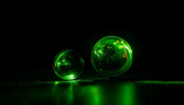 Two luminous green glass spheres on a reflective surface.