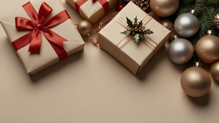 Elegant Gold Christmas Gifts Background: Luxury Presents and Ornaments for Holiday Celebration
