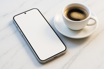 Fototapeta premium Smartphone with blank screen next to cup of coffee on marble table in bright setting, ideal for mockup, branding or design presentation concept. Ai generative