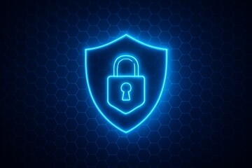 Glowing padlock on shield icon symbolizing cybersecurity and data protection on futuristic hexagonal digital background in blue tones. Ai generative