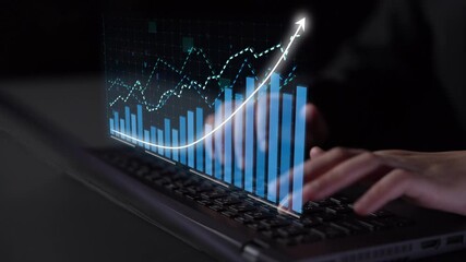 A person typing on a laptop, with a digital graph illustrating an upward trend, symbolizing business analytics, data analysis, financial growth, and technology. Copula - Powered by Adobe