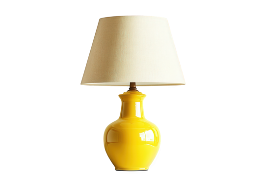 Vibrant yellow table lamp with a neutral lampshade, isolated on transparent background, adding a pop of color and warmth to any rooms decor