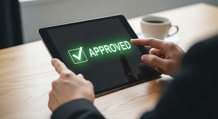 Hands Touch Tablet with Glowing Approved Checkmark on Wooden Table