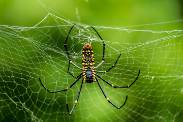 Golden Orb-weaver Spider The head and chest are dark grey-brown with white fur. The belly is long and cylindrical, black with two large yellow stripes running parallel to the center of the belly.