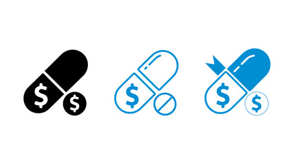 Medicine cost, pharmaceutical expense, drug price, healthcare spending, and treatment affordability symbol set, vector graphic display