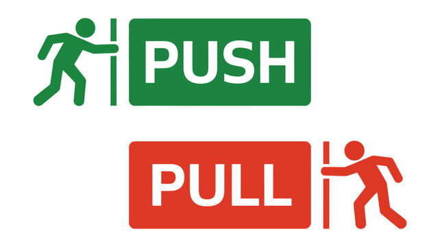 Green push and red pull signs for door operation guidance, featuring clear graphic icons and directional text for safety and accessibility