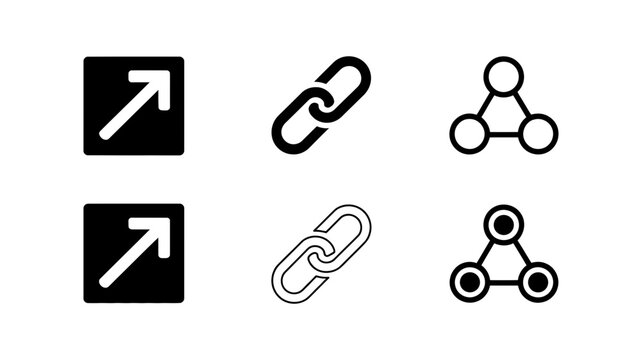 Set of vector icons for user interface design: external link, chain link, and share network symbols, presented in both filled and outlined styles