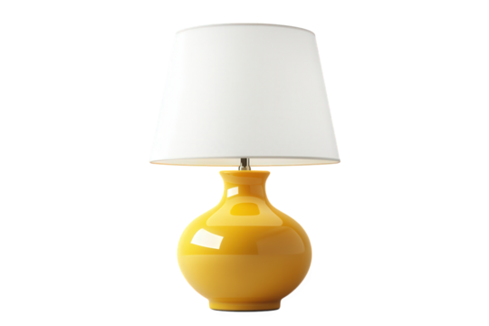 Modern yellow table lamp isolated on transparent background, showcasing a sleek design with a glossy finish and a white lampshade, ideal for contemporary interior spaces