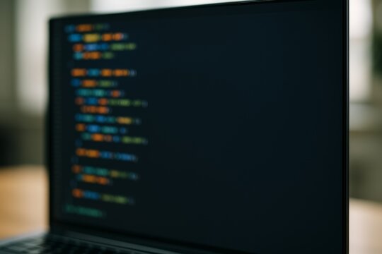 Close-up of computer screen displaying colorful code lines with blurred background in soft light, illustrating modern programming concept. Ai generative