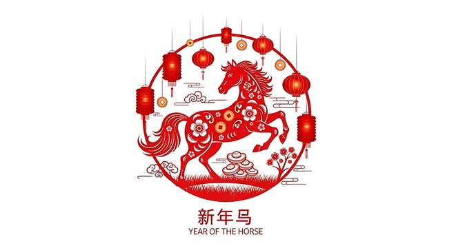 Red horse illustration with chinese new year decorations and red lanterns, symbolizing prosperity and good luck