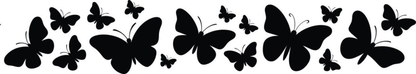 Butterfly silhouettes collection, black insect icons, flying shapes, winged creatures, decorative pattern, nature design, vector art, elegant, minimal, stylish © MD