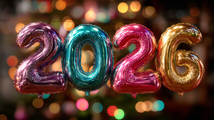Happy New Year 2026 banner. Holiday season rainbow colored balloons on confetti bokeh colorful background. Horizontal frame