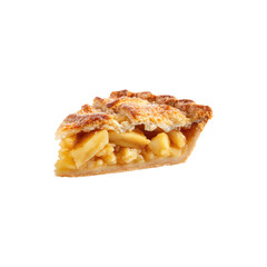 Slice of homemade apple pie with golden crust and juicy filling dessert pastry treat sweet baked food isolated on white background
