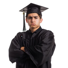 Sad graduate in cap and gown with arms crossed isolated on transparent background, expressing disappointment and concern about the future after graduation