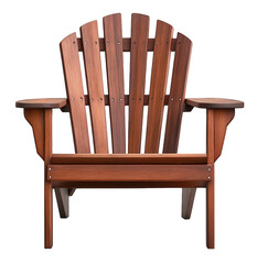 Front view of a brown wooden adirondack chair isolated on transparent background, showcasing its classic design, comfortable seating, and sturdy construction for outdoor relaxation