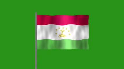 Flag of Tajikistan, Pole flag of Tajikistan on Green screen chroma key, Tajikistan 3D Animation flag waving in the wind isolated on Green Background. 
