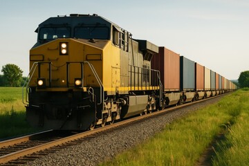 Obraz premium Freight train with colorful cargo containers moving through countryside during golden hour with soft natural light and scenic green background field. Ai generative