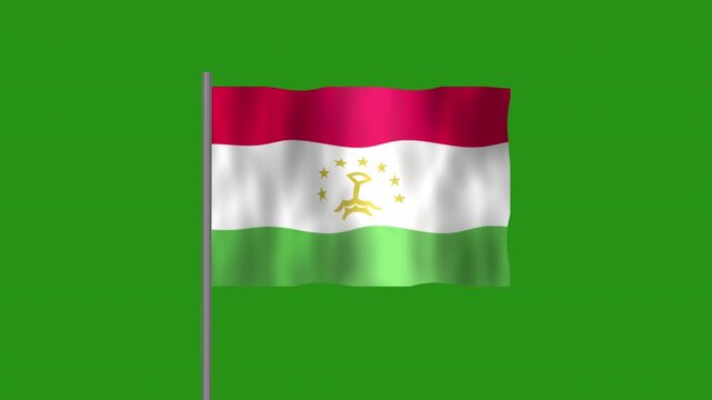 Flag of Tajikistan, Pole flag of Tajikistan on Green screen chroma key, Tajikistan 3D Animation flag waving in the wind isolated on Green Background. 
