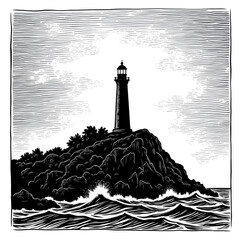 Coastal Sentinel: A stoic lighthouse stands firm on a rocky islet, its beacon casting a guiding light amidst the turbulent sea, a timeless emblem of guidance and resilience.