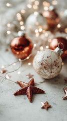 Xmas vibes - christmas tree decorations on snowy white background: ornaments, ribbons, stars, glitter, lights. Vertical banner for instastory, reel or tiktok	