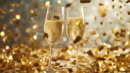 Two champagne flutes amid golden confetti and warm, shimmering light for a romantic celebration now - Powered by Adobe