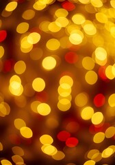Obraz premium Warm golden bokeh background with soft glowing circles and festive red accents, perfect for holiday, celebration, and luxury designs.