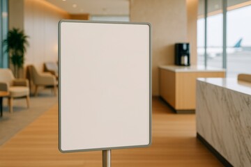 Fototapeta premium Blank vertical sign mockup in modern lounge interior with wooden floor, coffee machine and soft seating in background for branding display.