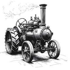 Vintage Steam Tractor: A detailed illustration of a vintage steam tractor, showcasing the intricate mechanics and robust design of agricultural machinery from a bygone era. 