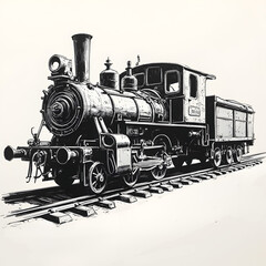 Vintage Train on Tracks: A classic black and white illustration of a vintage steam train locomotive speeding along railway tracks, evoking the golden age of transport.