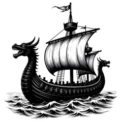 Voyage of the Dragon Ship: A majestic dragon ship sails the open sea, its carved dragon head and intricate sails cutting through the waves. The vessel symbolizes exploration, strength.