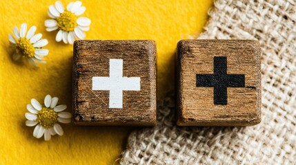 Corporate diversity poster: male & female wooden cubes white-yellow flat-lay symbolize inclusion, blank for values, fit lobby panel, DEI campaign