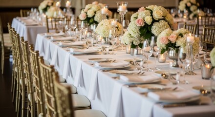 Elegant event table setting with floral arrangements and candles at a wedding.