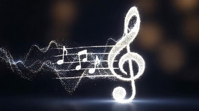 Animated musical notes and treble clef symbol formed by glittering particles