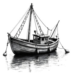 Maritime Serenity: A quaint fishing boat gracefully floats atop the tranquil water surface, capturing the essence of maritime life, the vessel stands still.
