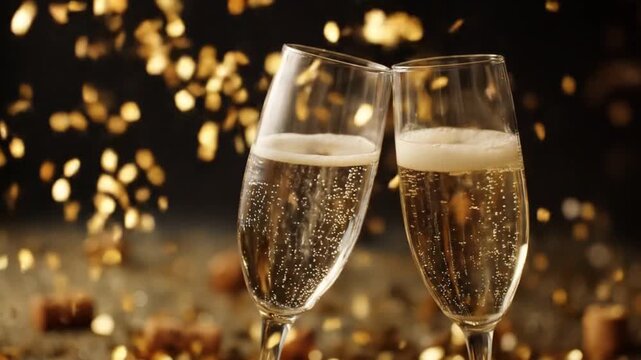 Two champagne flutes clink amid golden confetti and fizzing bubbles, festive celebration mood bright