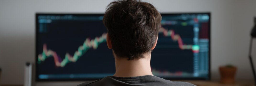 Man working from home, monitoring stock market data on computer screen, analyzing global financial trends, trading cryptocurrency investments online