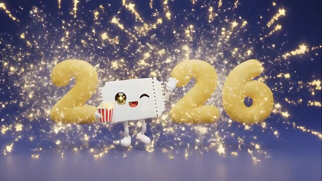 Playful ticket characters forming 2026 numbers with emerging sparkles and fireworks. New year celebration animation sequence. Festive holiday graphic for future countdown concept. video footage video