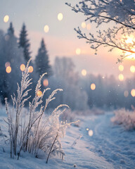 Frosted grass stalks in snowy landscape with soft bokeh lights at sunrise full hd 4k stock image download