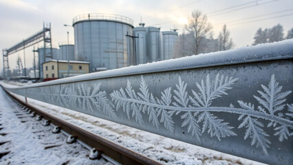 Brushed steel railing covered in intricate frost patterns beside snowy railway tracks with industrial silos in full hd 4k stock image download background