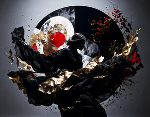 崩れ落ちる金の残響と紅の息吹が闇を貫き、舞う者の姿が新たな宇宙を描き出す、輪廻のような幻想の景