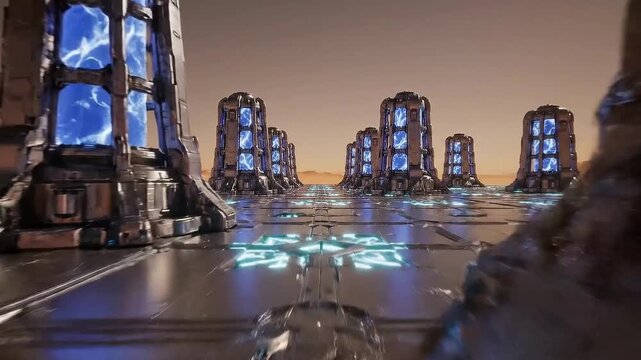 Futuristic alien power station on a distant planet, with rows of advanced reactors glowing with blue energy