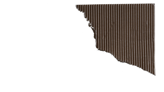 A torn corner of rough brown cardboard, an empty plate with copy space. Transparent PNG cutout.