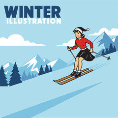 Retro style illustration of a woman in a Santa hat skiing down a snowy mountain